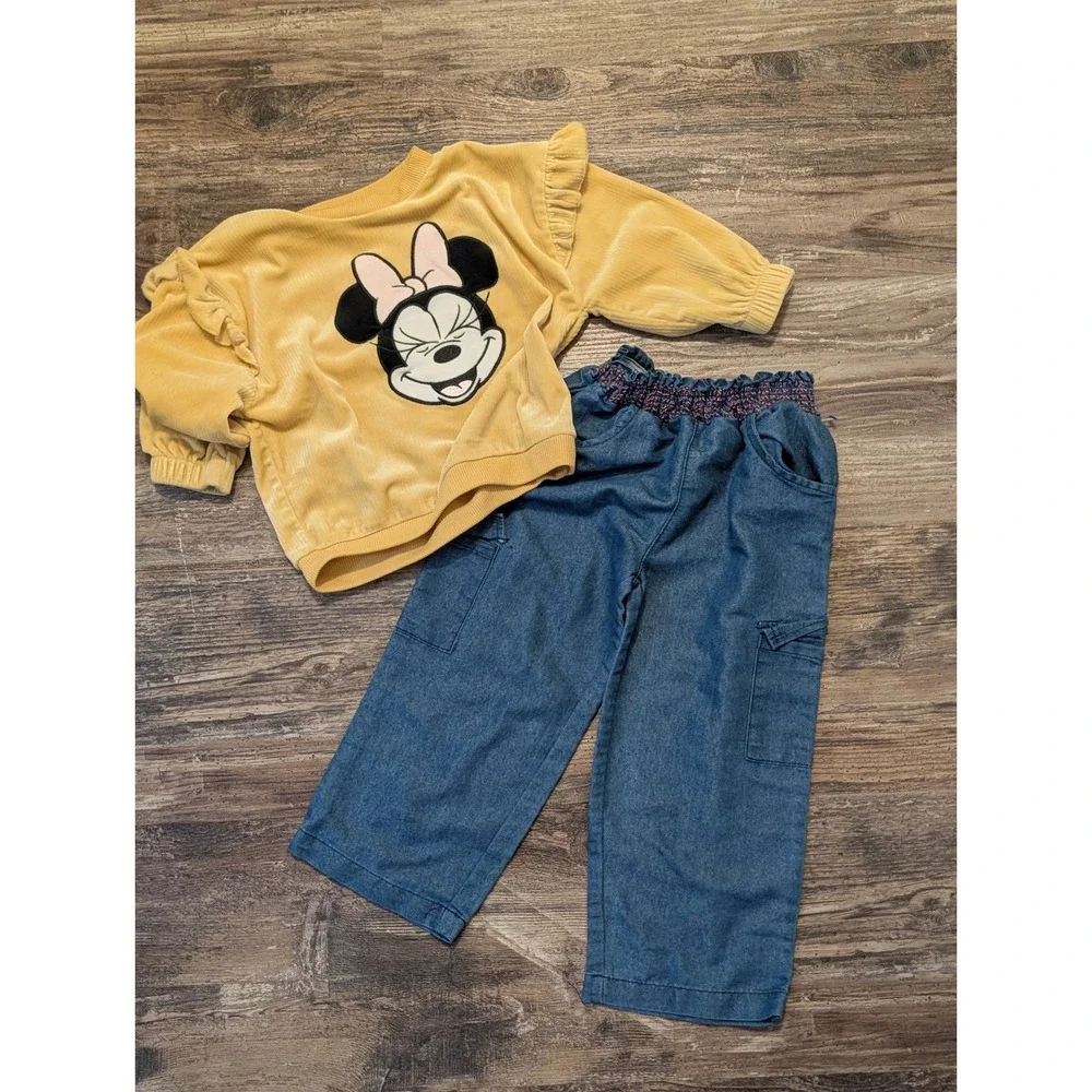Disney Minnie Mouse Girls 2 Piece Set Yellow Corduroy Top Denim Cargo Pants 3T